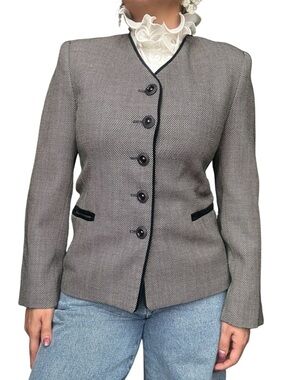 Vintage Wool Herringbone Blazer Black White Tailored Jacket - Small